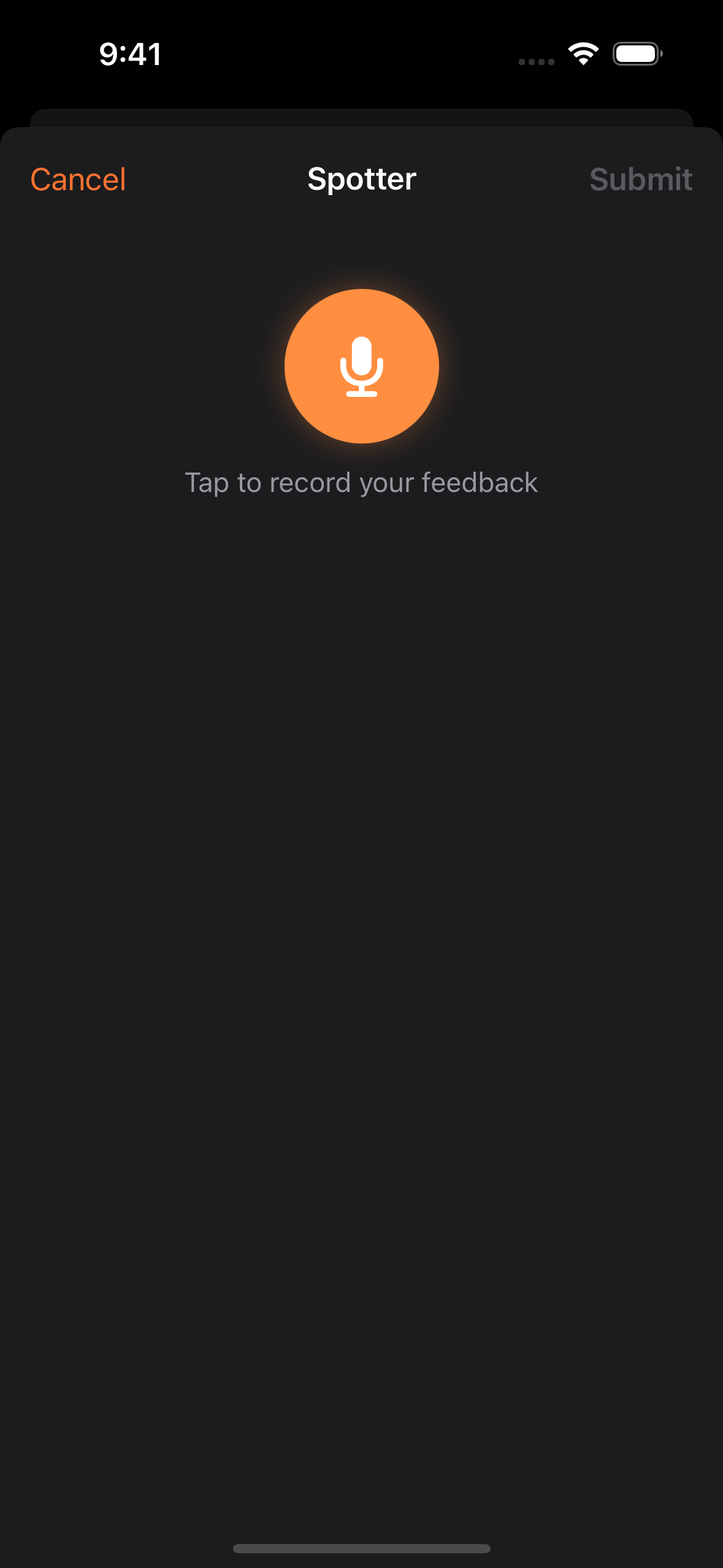 The native VoiceCommit feedback sheet running inside Spotter. The title comes from the widget's remote config.