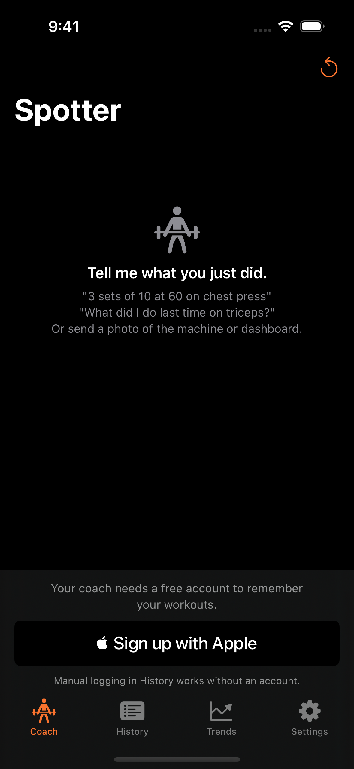 Spotter's Coach screen, where you log a workout by talking to it.