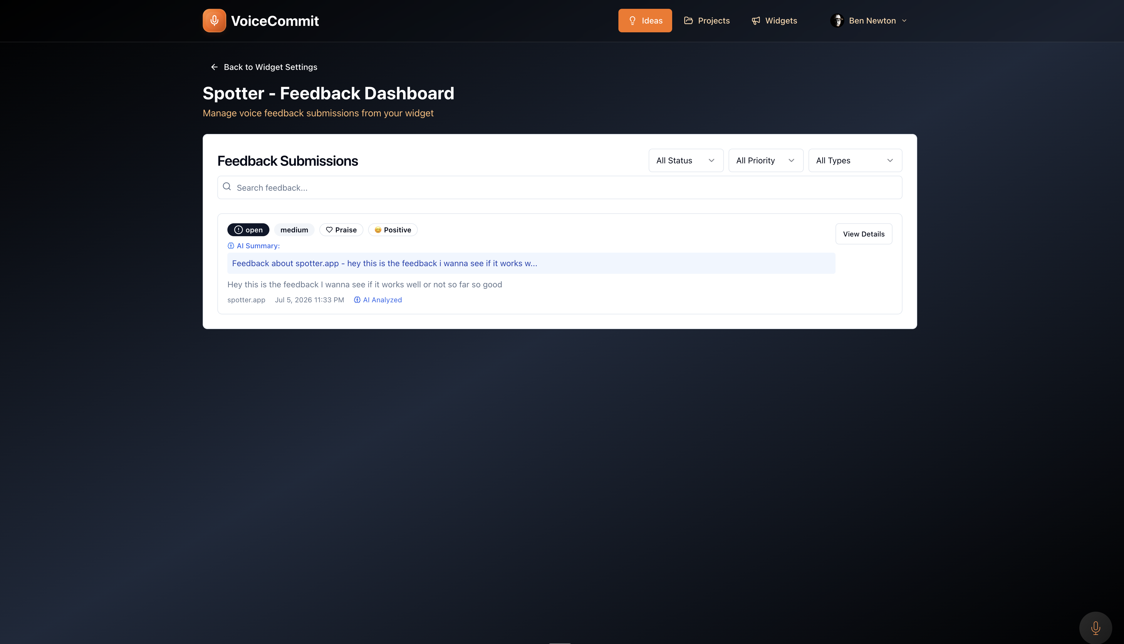 Feedback recorded inside Spotter, showing up in the VoiceCommit dashboard and analyzed as Praise and Positive.