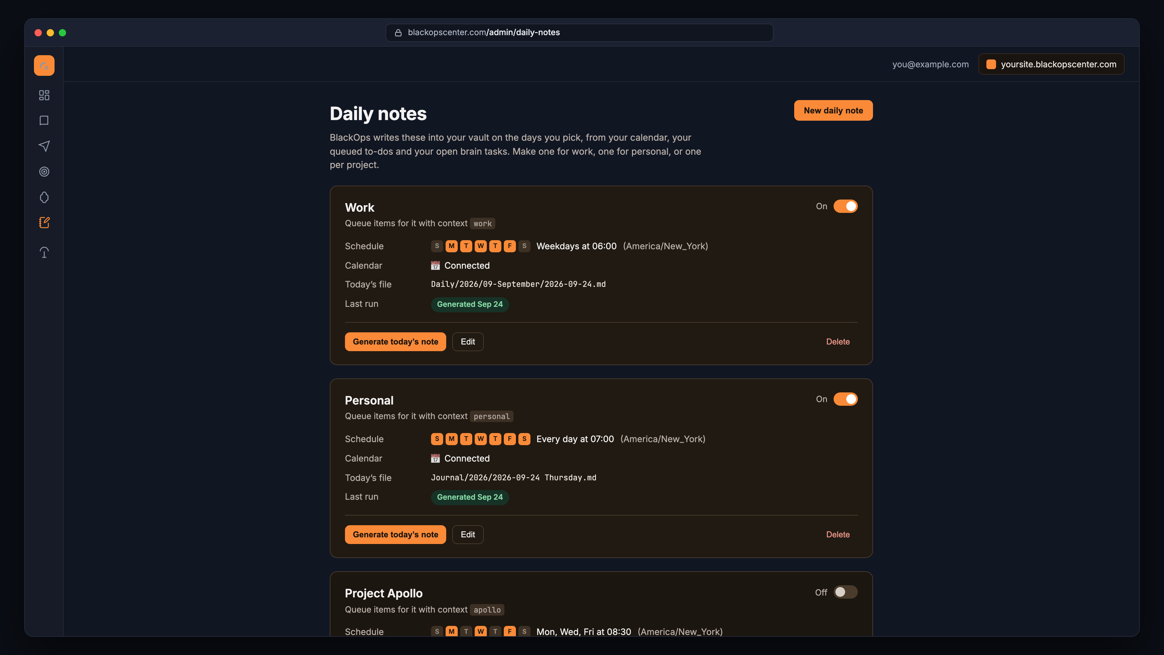 The Daily Notes list in BlackOps: Work, Personal and Project Apollo notes, each with its days of the week, send time, calendar status, today's file path and last run.