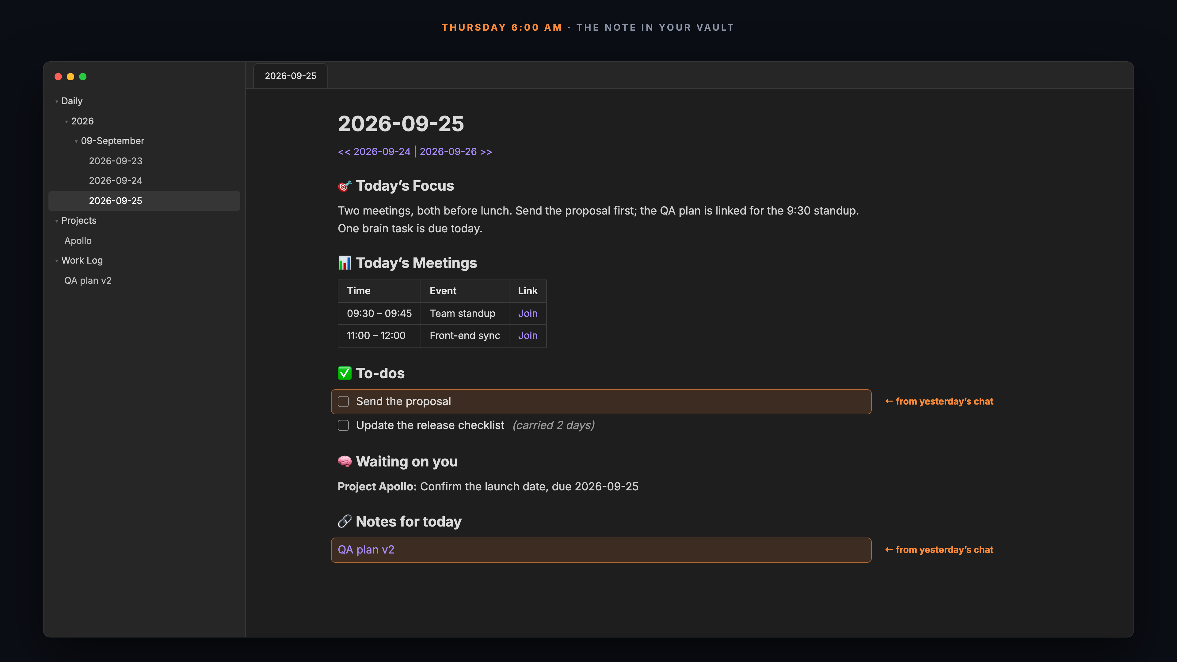 Thursday's daily note open in Obsidian, with "Send the proposal" and the QA plan link waiting from yesterday's chat.