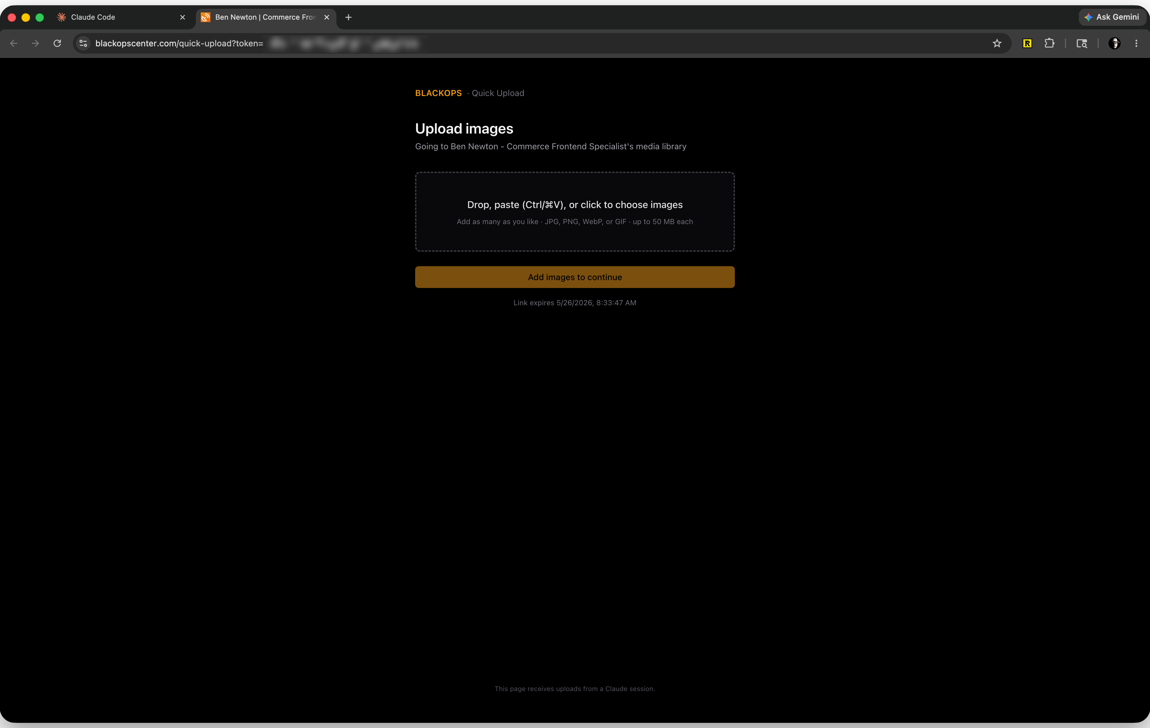 The BlackOps quick-upload page with a drop zone for images