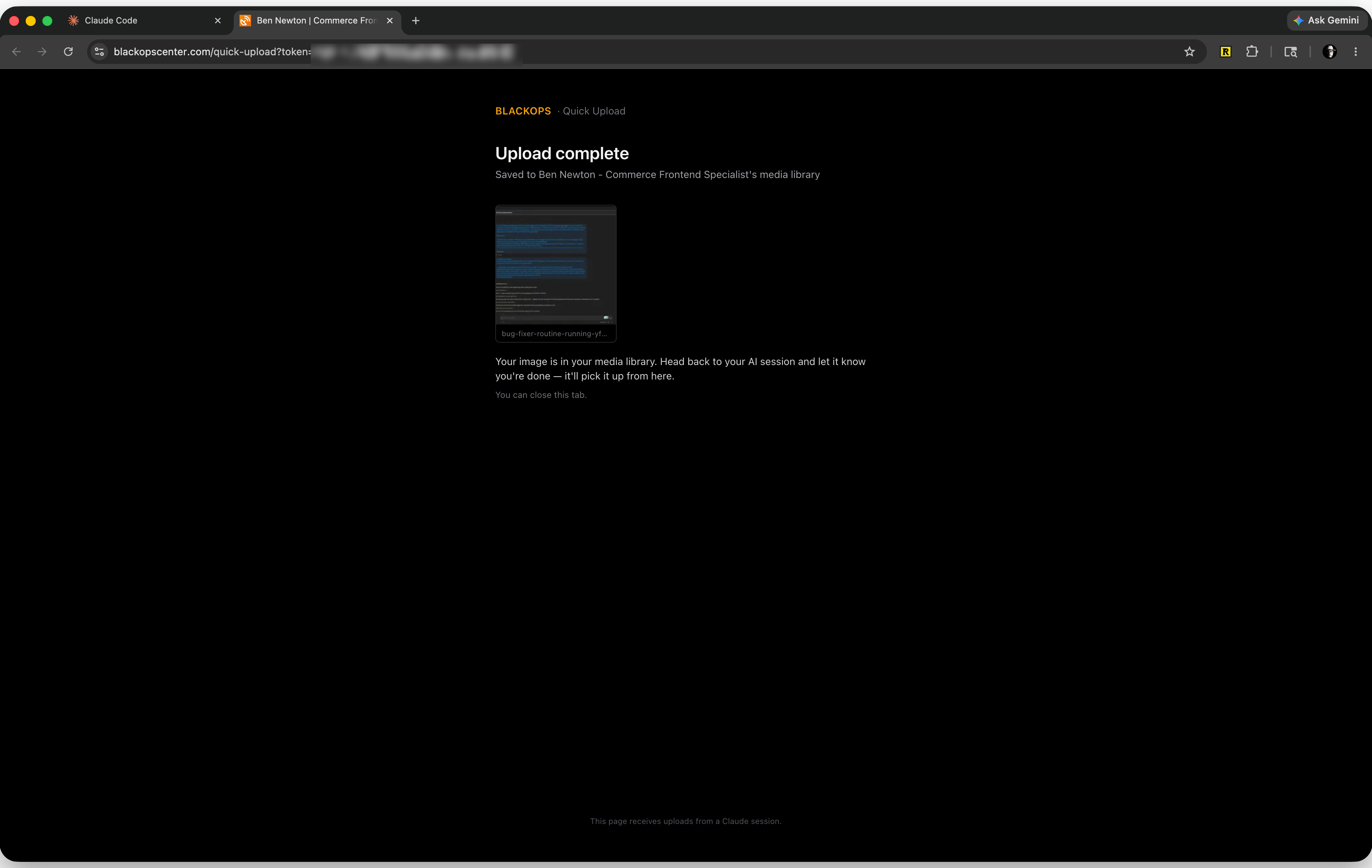 The quick-upload confirmation showing the image saved to the media library