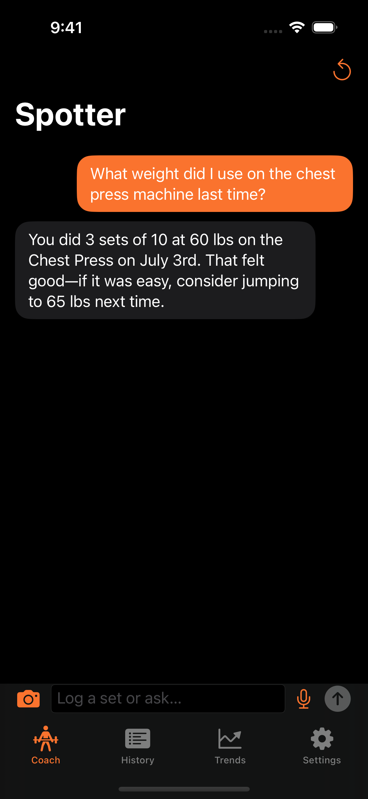 Spotter answering: you did 3 sets of 10 at 60 lbs on the chest press on July 3rd, consider 65 lbs next time.