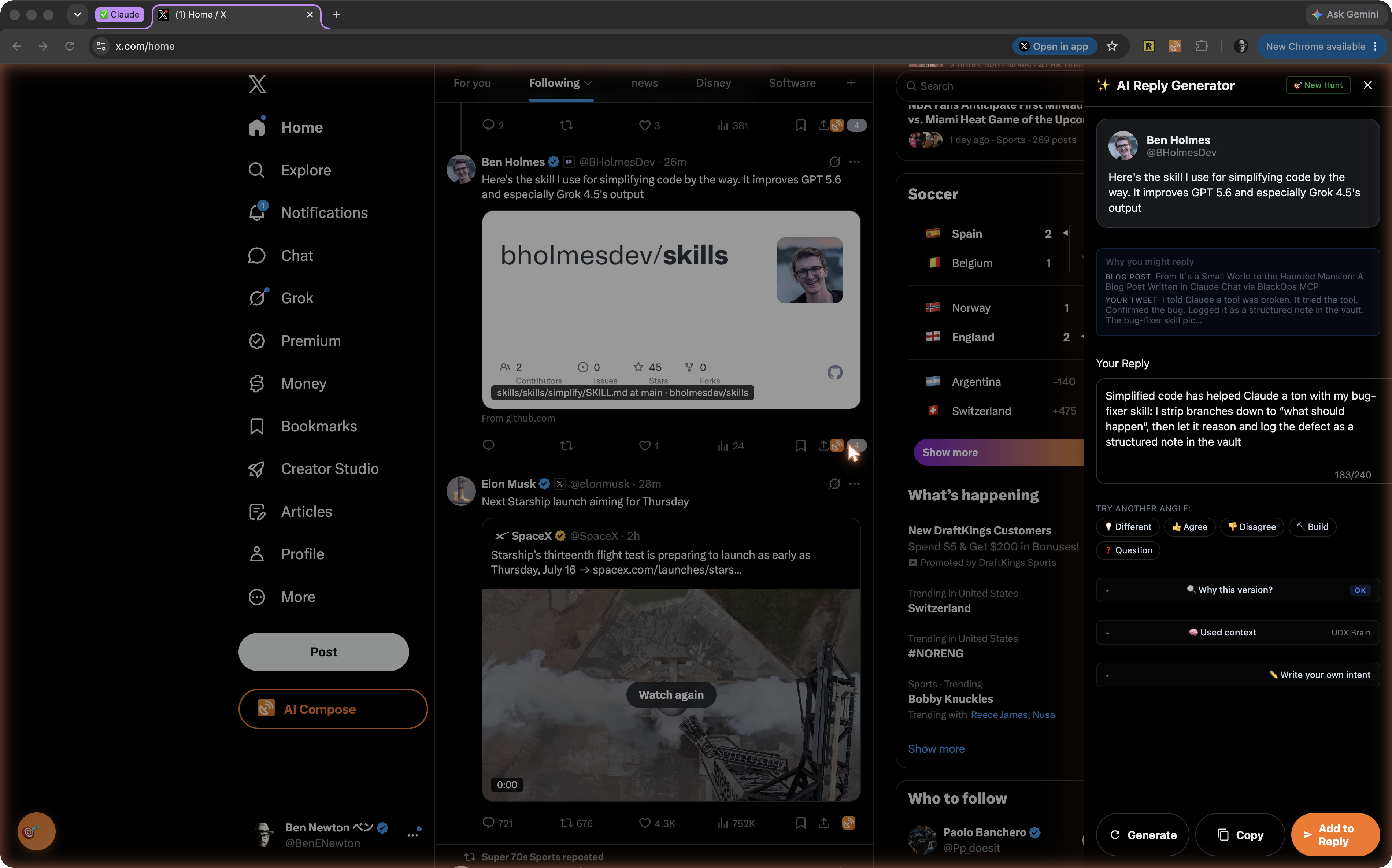 BlackOps reply panel inside X showing a grounded draft with its source and the context it used