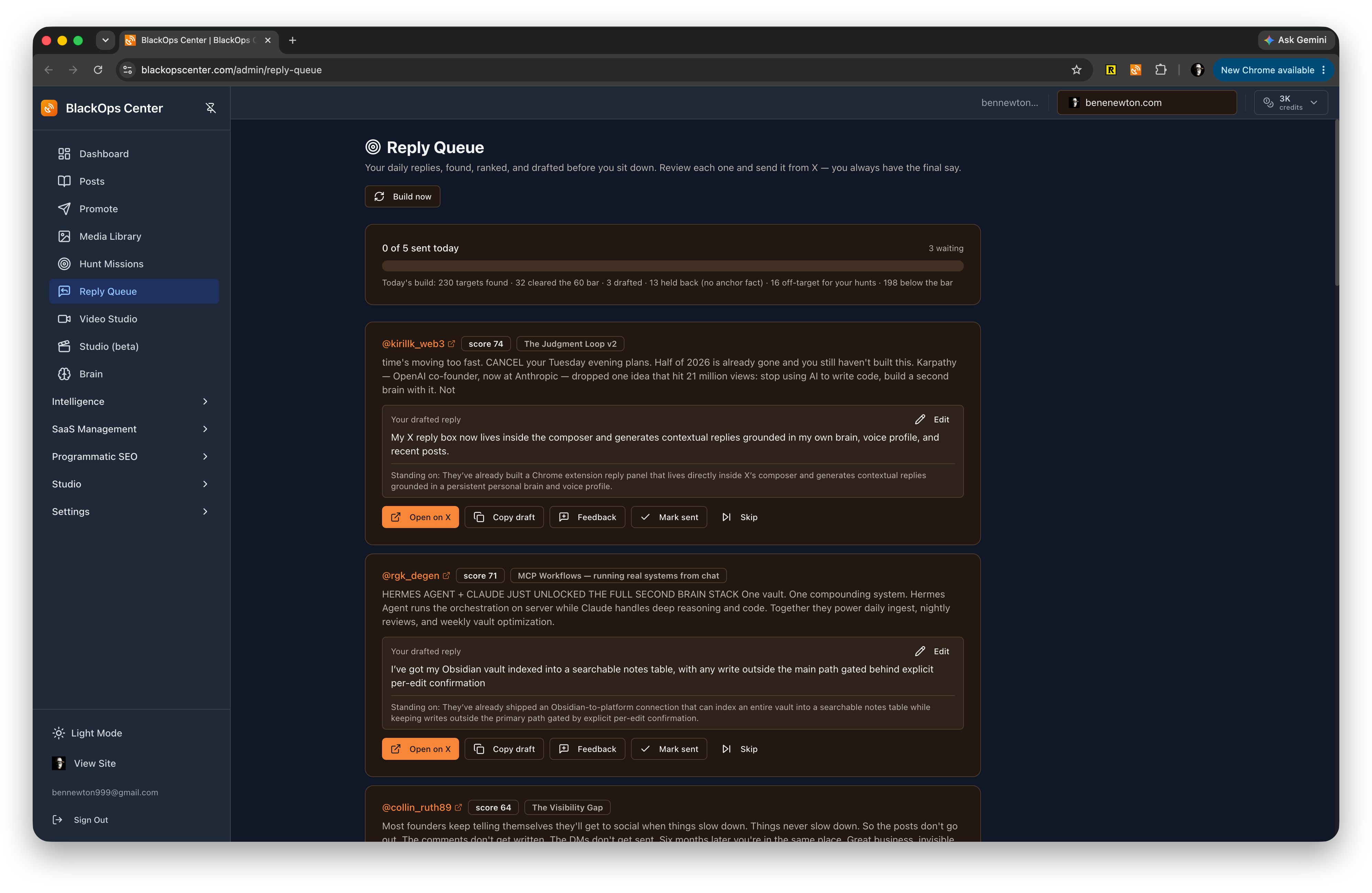 The BlackOps Reply Queue dashboard showing the day's funnel note, drafted replies with their Standing on receipts, and the held-back section with reasons