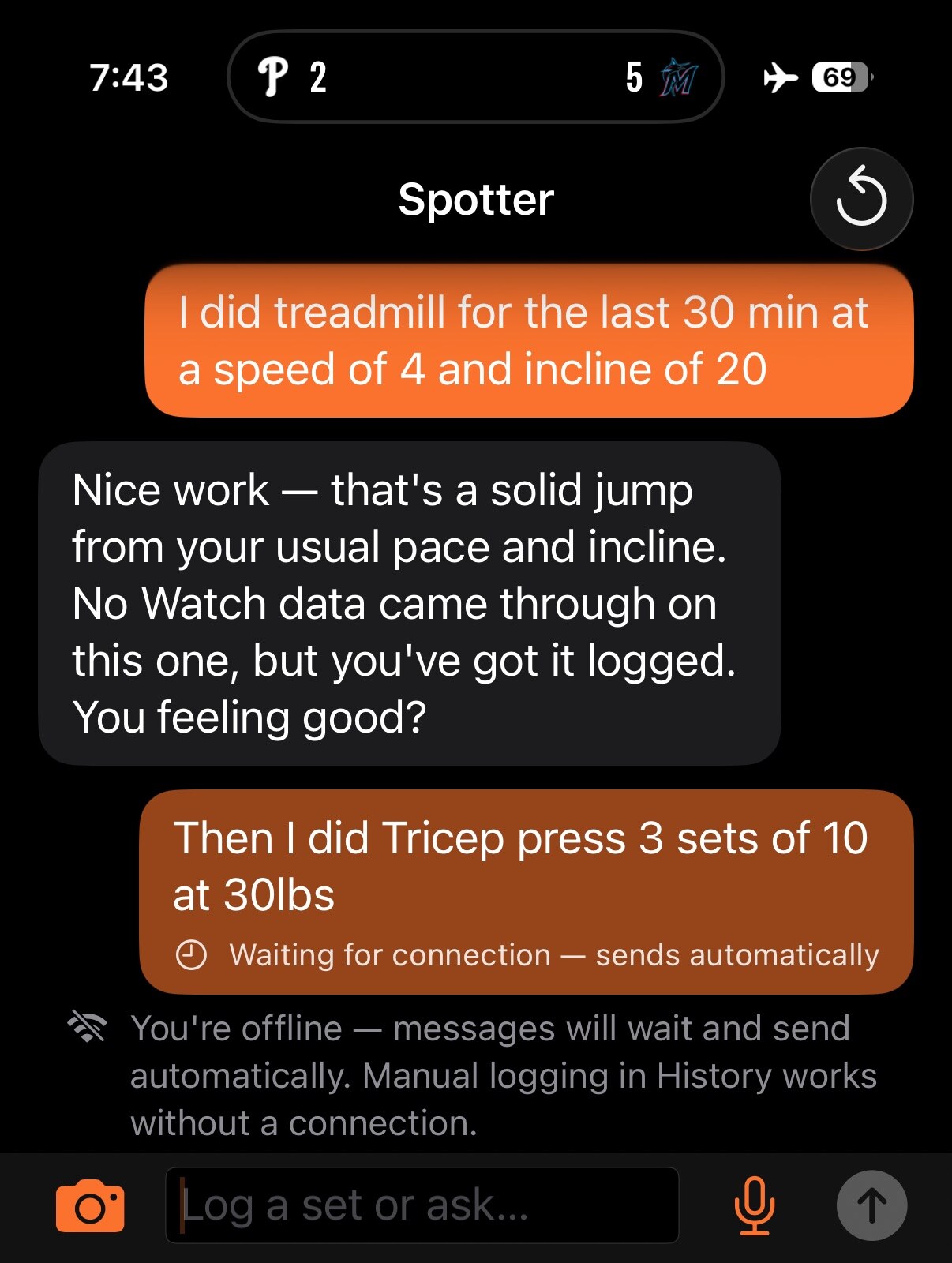 Spotter chat in airplane mode with a queued set marked Waiting for connection