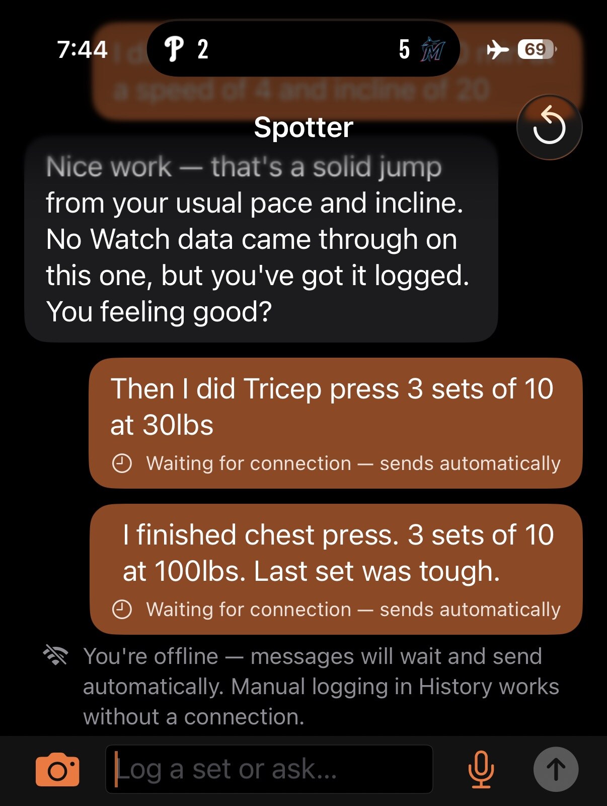 Two queued sets stacked up with the offline banner showing