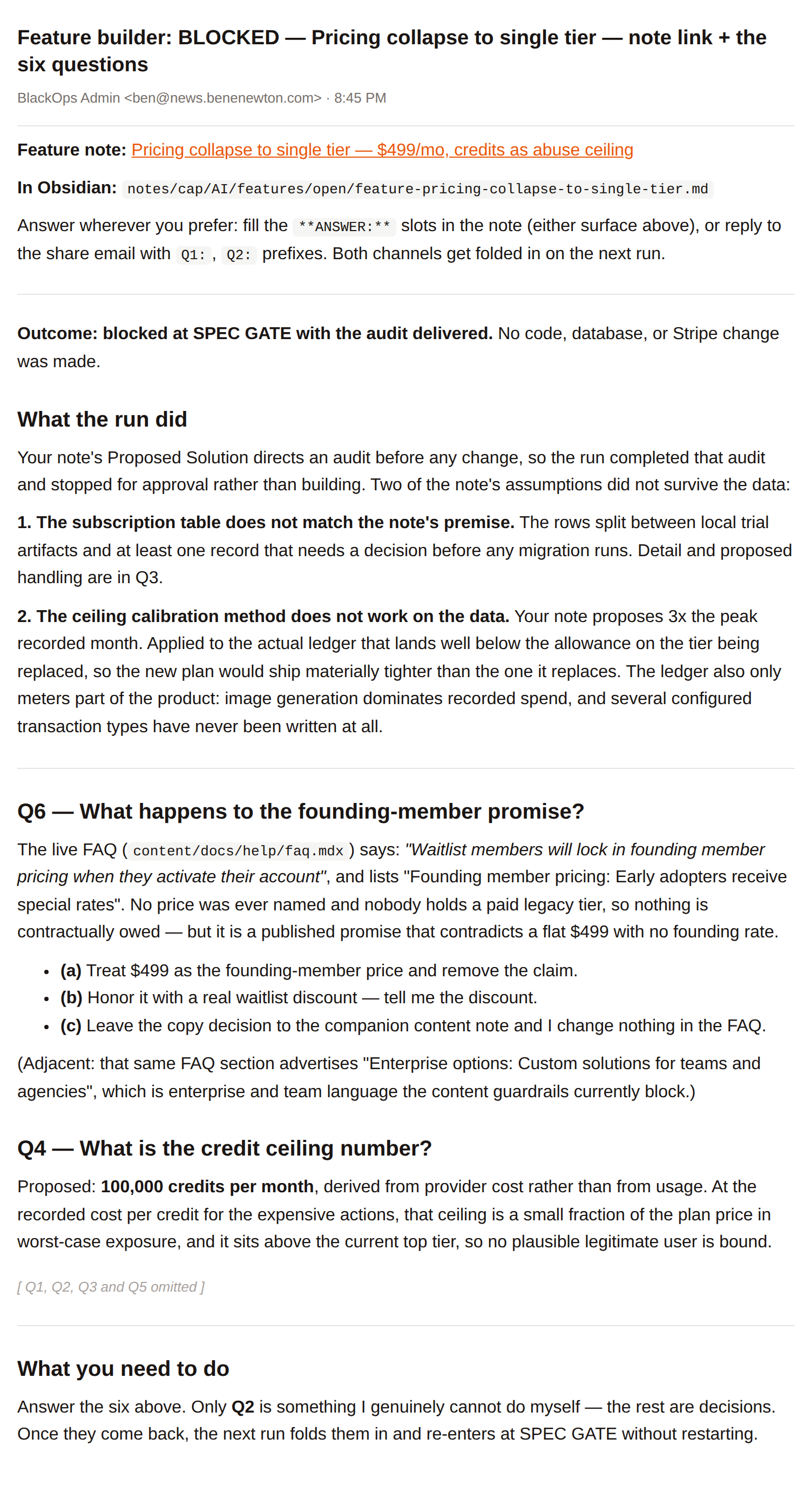 A real BLOCKED email from the feature builder, reporting that it audited a pricing change, found two assumptions unsupported by the data, and stopped without writing code