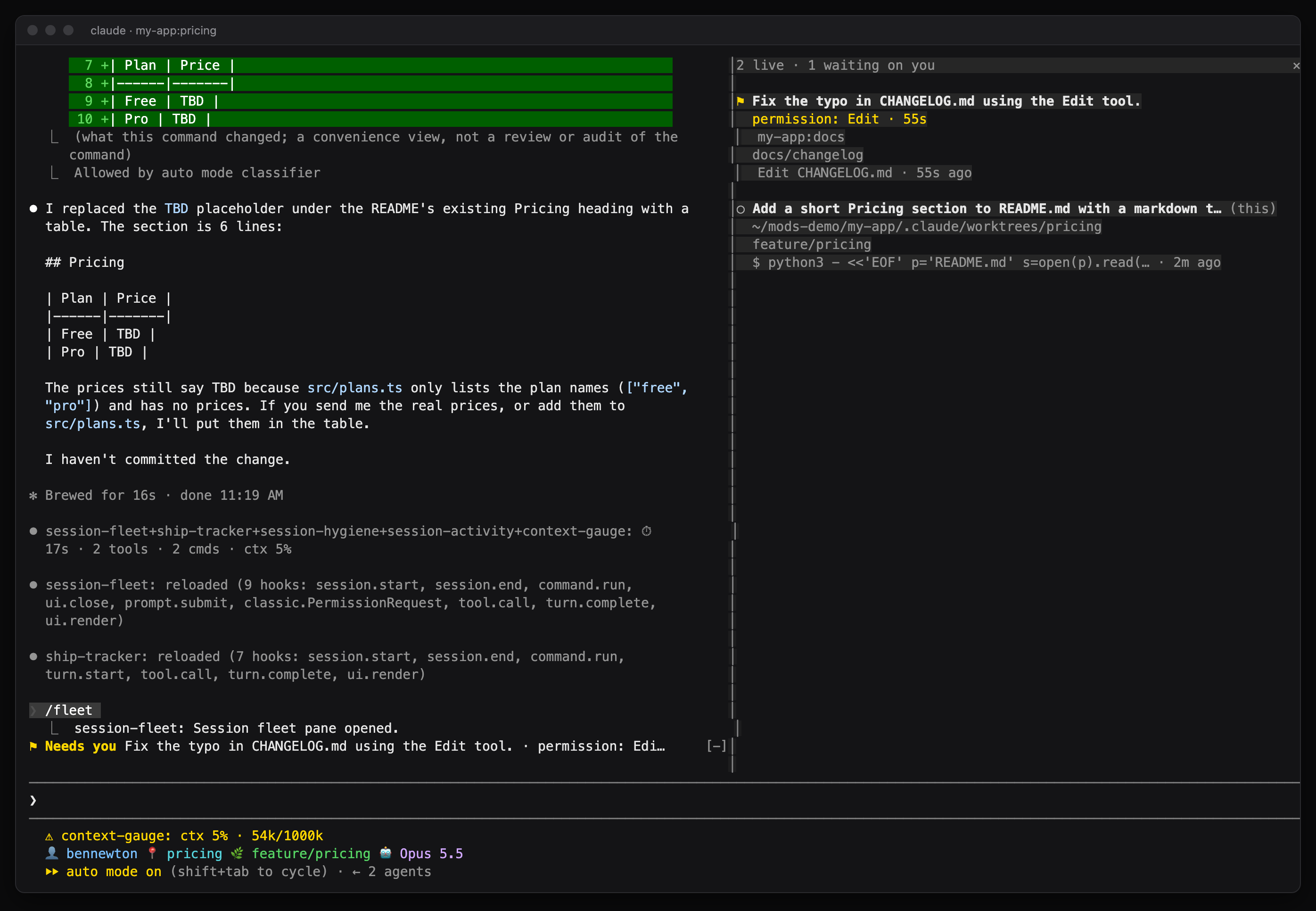 The session-fleet pane on the right of a Claude Code terminal: 2 live sessions, 1 waiting on a permission prompt for an Edit in the docs worktree, the other idle in the pricing worktree
