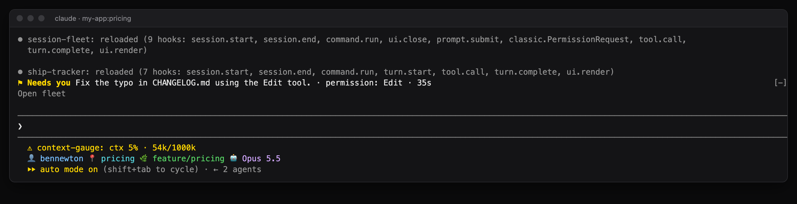 A Needs you row above the prompt naming the other session, the reason permission: Edit, and how long it has waited