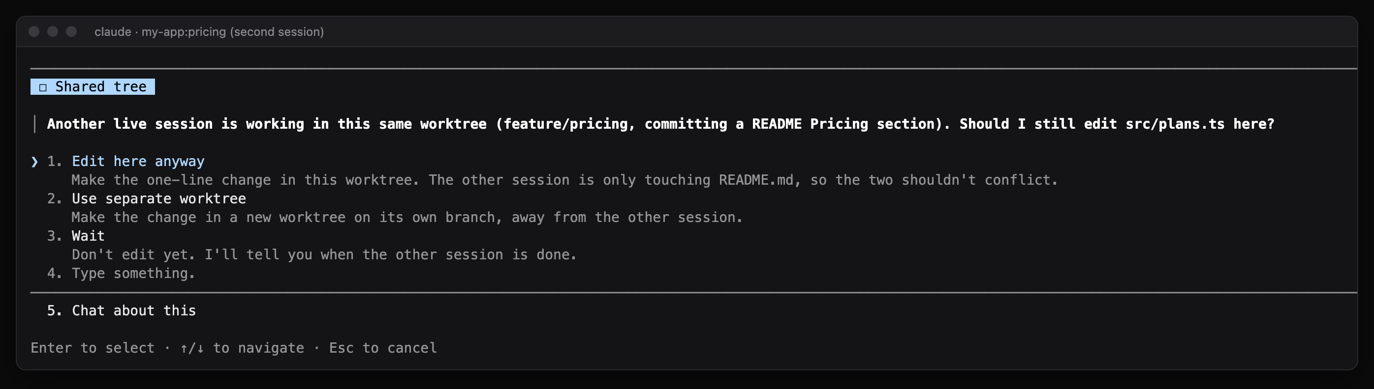 Claude asking whether to edit here anyway, use a separate worktree, or wait, after the guard refused its edit