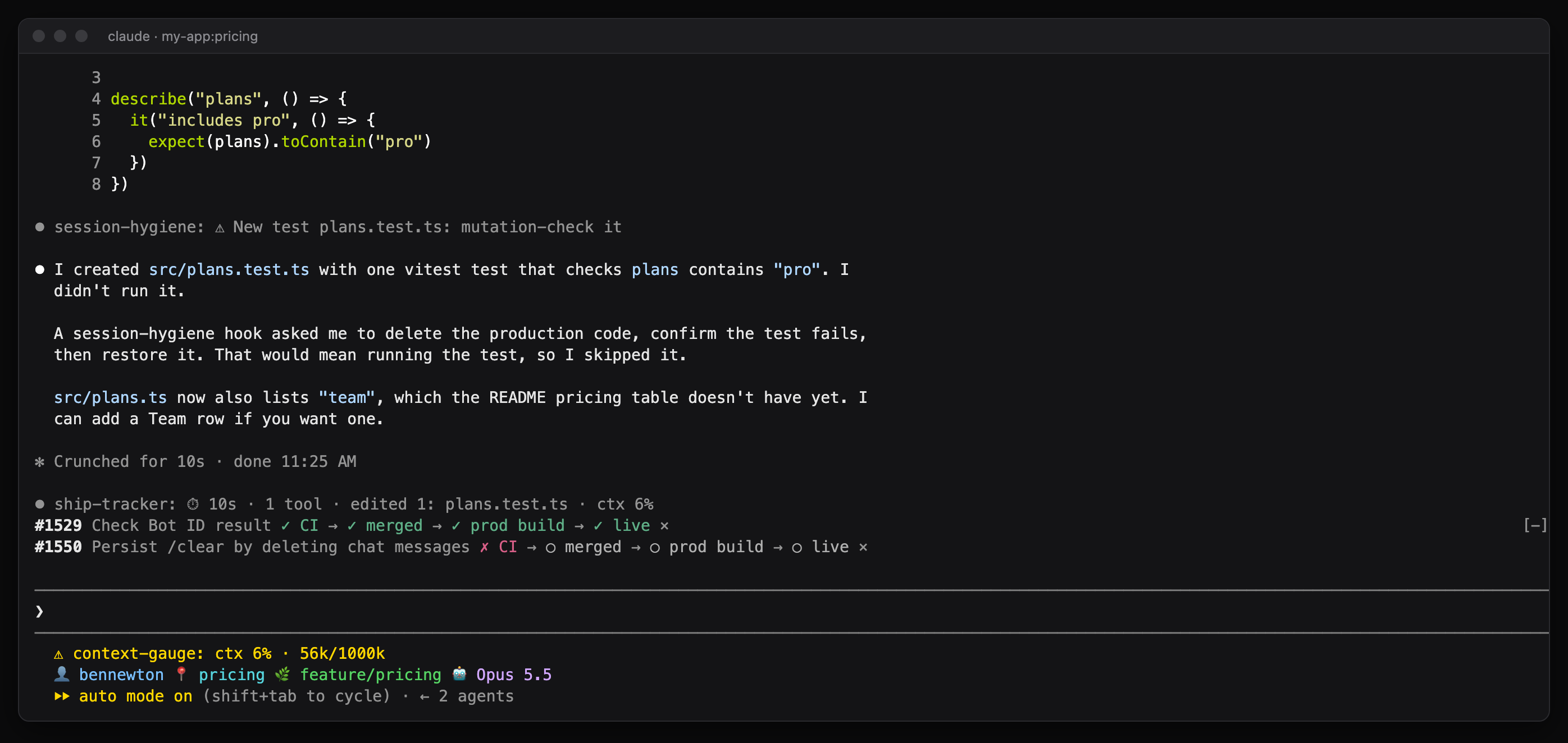 The tripwire line New test plans.test.ts: mutation-check it, followed by Claude explaining it skipped the check because that would mean running the test