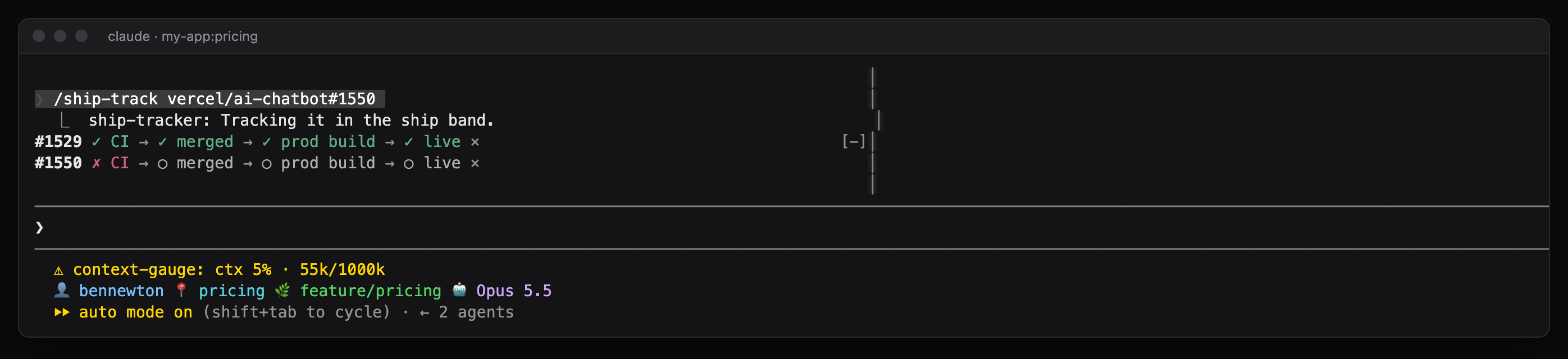 Two ship band rows above the prompt: #1529 with CI, merged, prod build and live all checked, and #1550 with a failed CI check