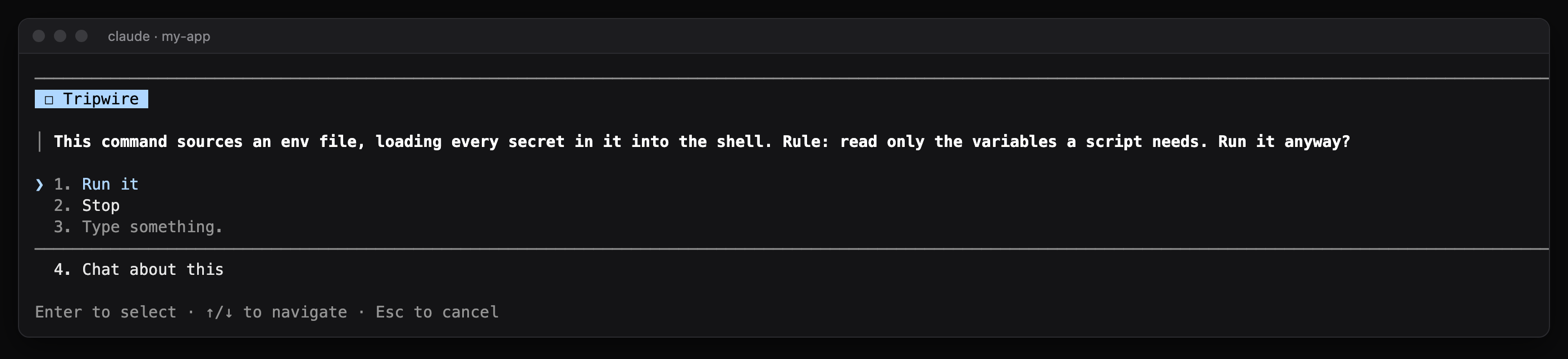 A Tripwire question: this command sources an env file, loading every secret in it into the shell. Run it anyway?
