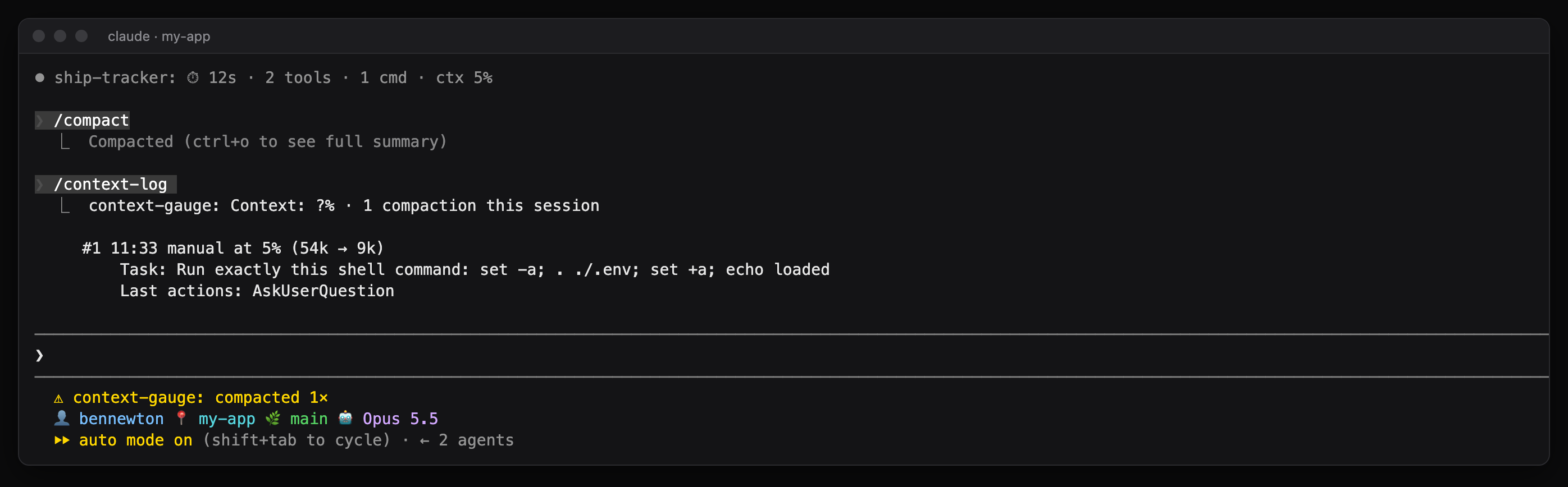 The context-gauge log line Compaction #1 (manual at 5%) and the /context-log output: 54k down to 9k tokens, with the task and last actions