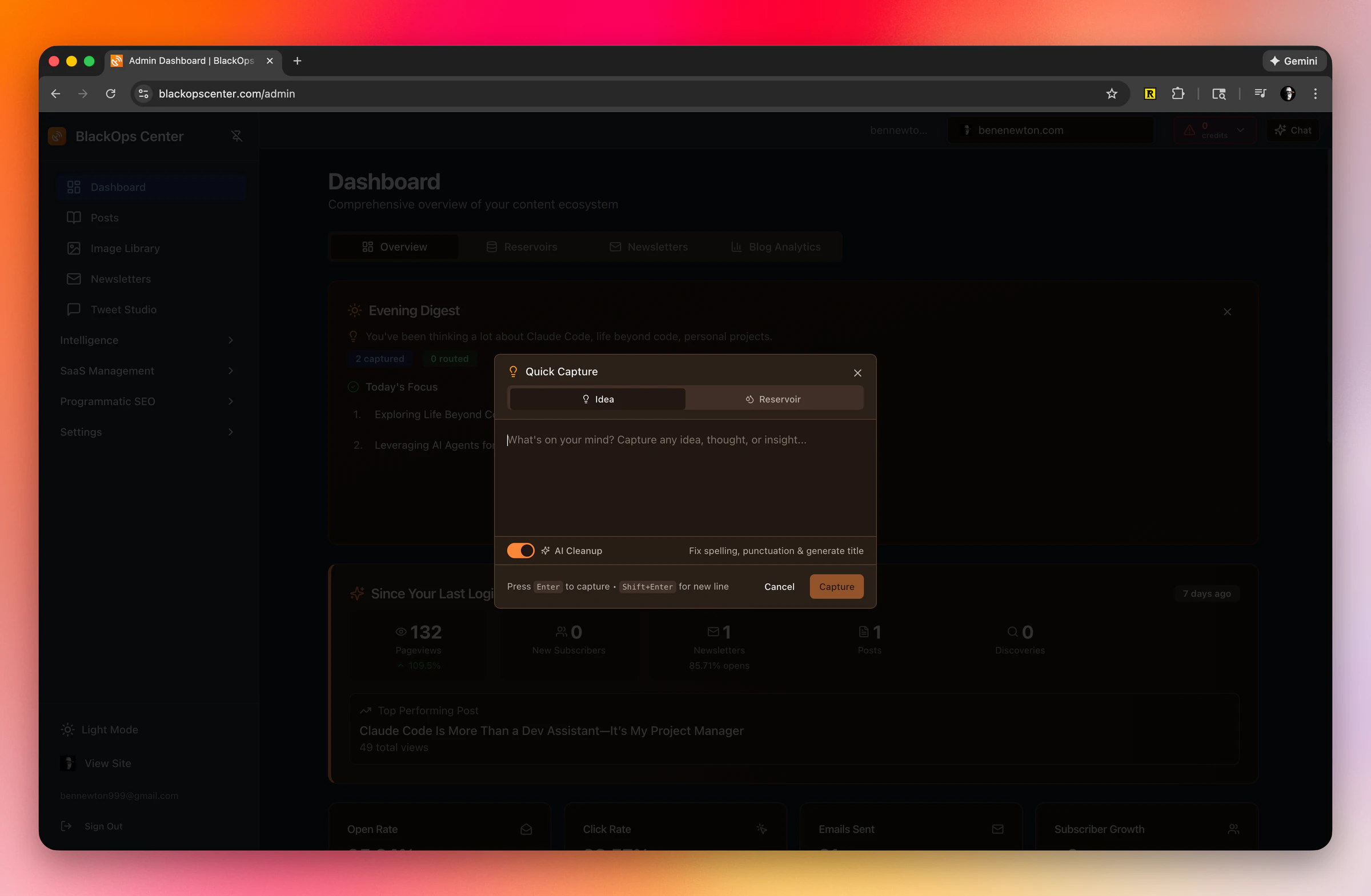 Browser Screenshot with BlackOps Center Idea Capture form in view