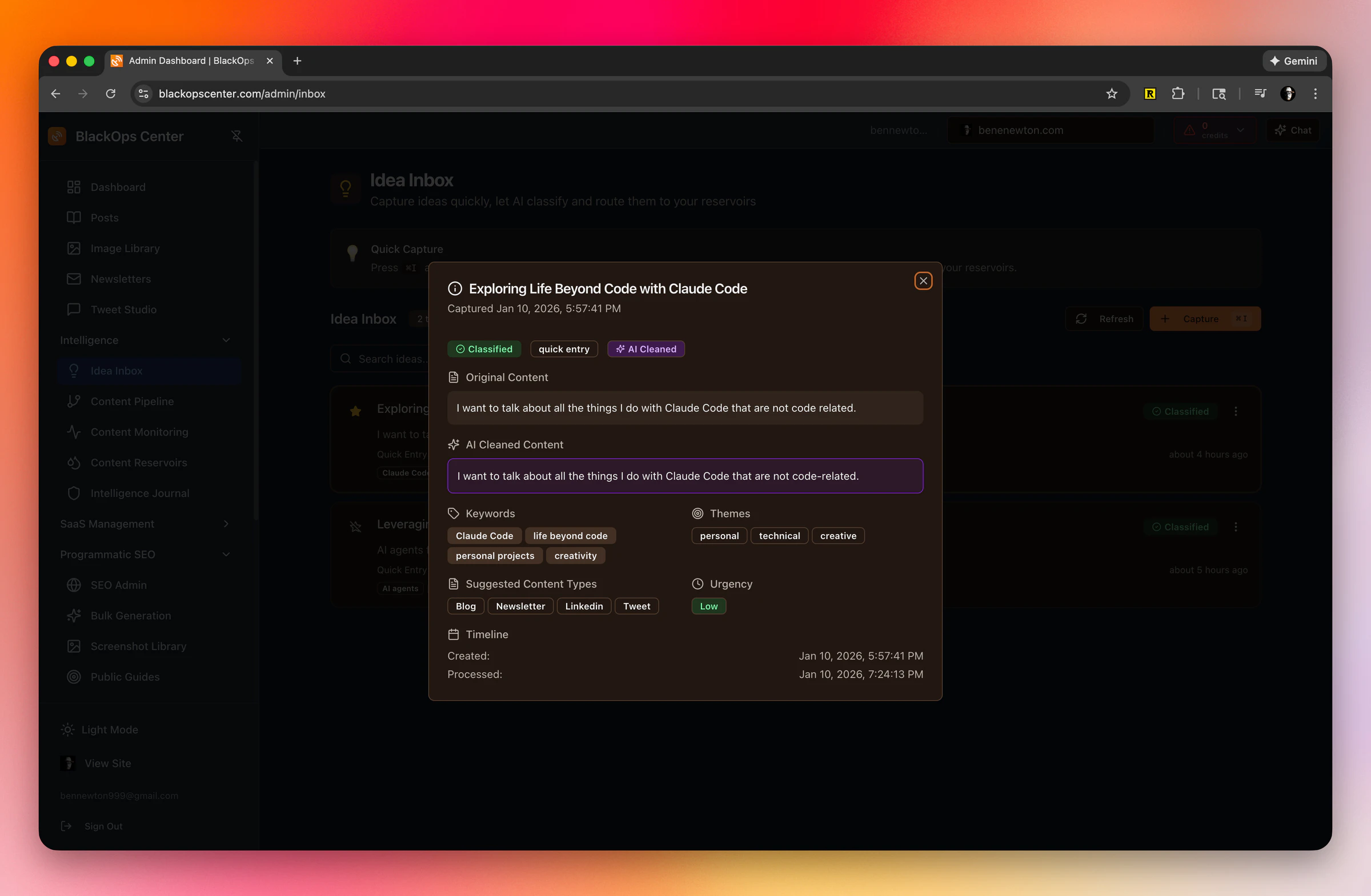 A Browser Screenshot of a Quick Capture Idea details