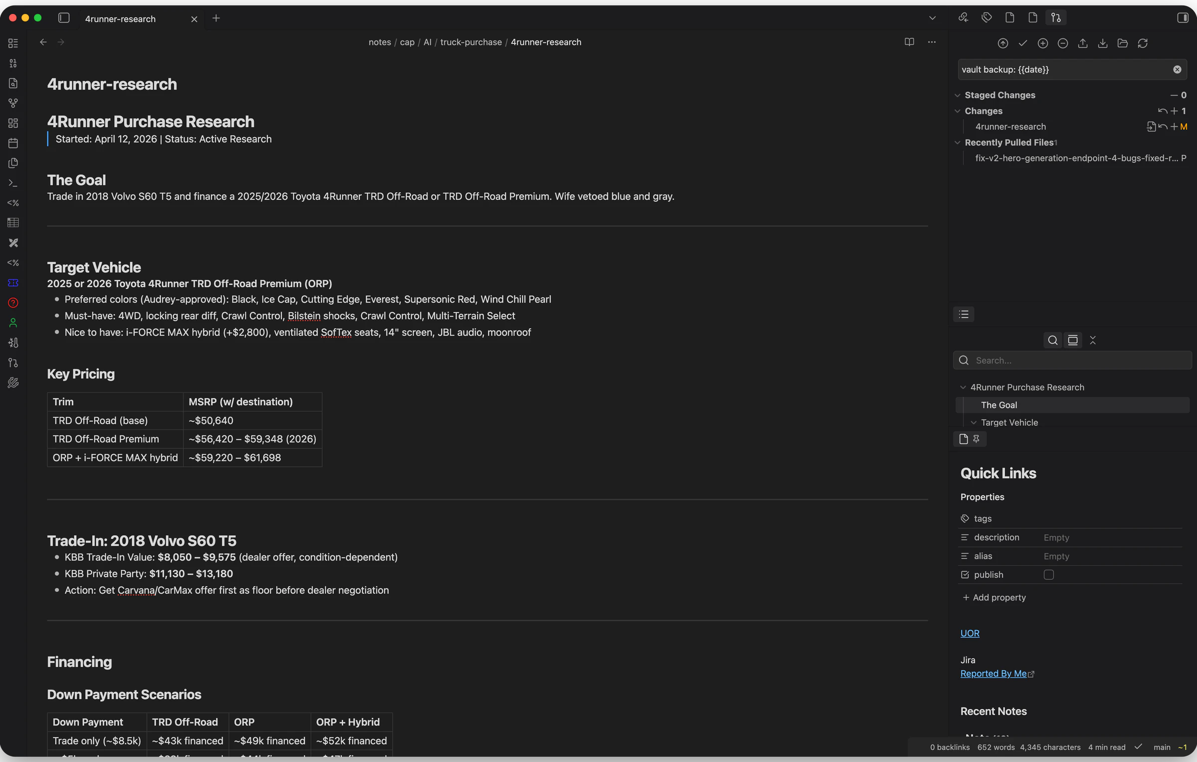 Screenshot of generated Obsidian Note showing all our research for the new truck.